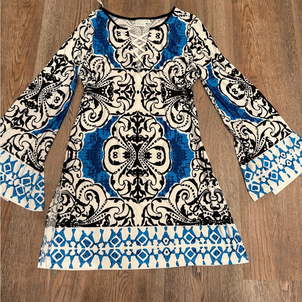Women's Blue and Black Patterned Swim Coverup